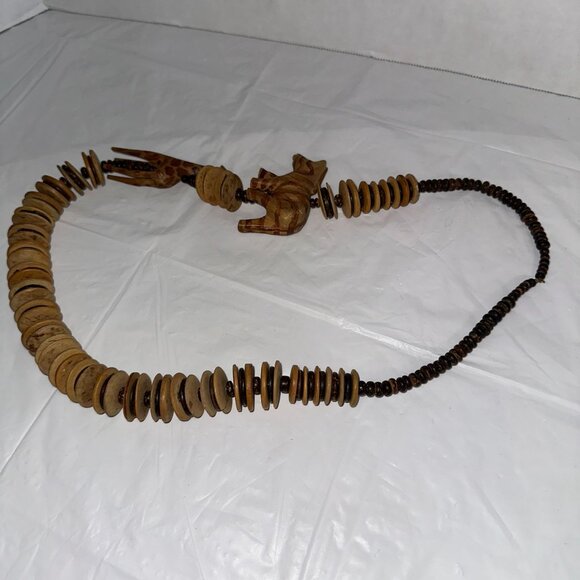 Wooden Animal Bead Necklace With Hand-Carved Giraffe & Elephant Coconut Beads - Picture 4 of 5
